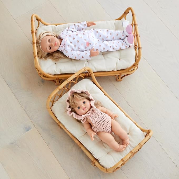 BEBE BASK Large Premium Rattan Doll Bed 20 x 12 x 10- Handcrafted & Award-Winning - Sized for 18-Inch Dolls - Fits American Girl & Our Generation - Luxe Mattress - Baby Photoshoot Props (Large)