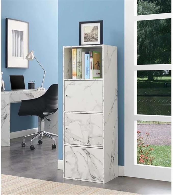 Convenience Concepts Xtra Storage 3 Door Cabinet in White Faux Marble Wood Finish