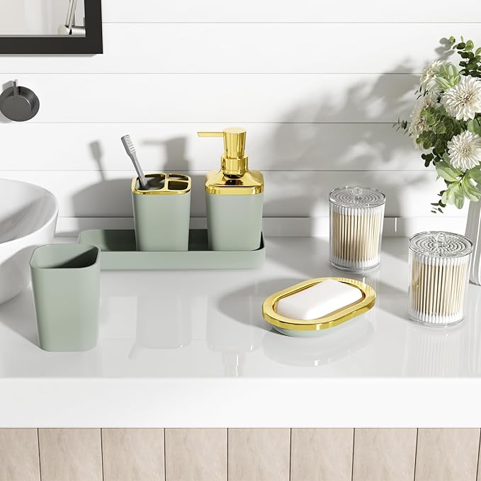 XLHOMO Bathroom Set, Sage Green Bathroom Accessories Set with Press-on Lid Bathroom Trash Can, Soap Dispenser, 10PC Bathroom Accessory Set for Home