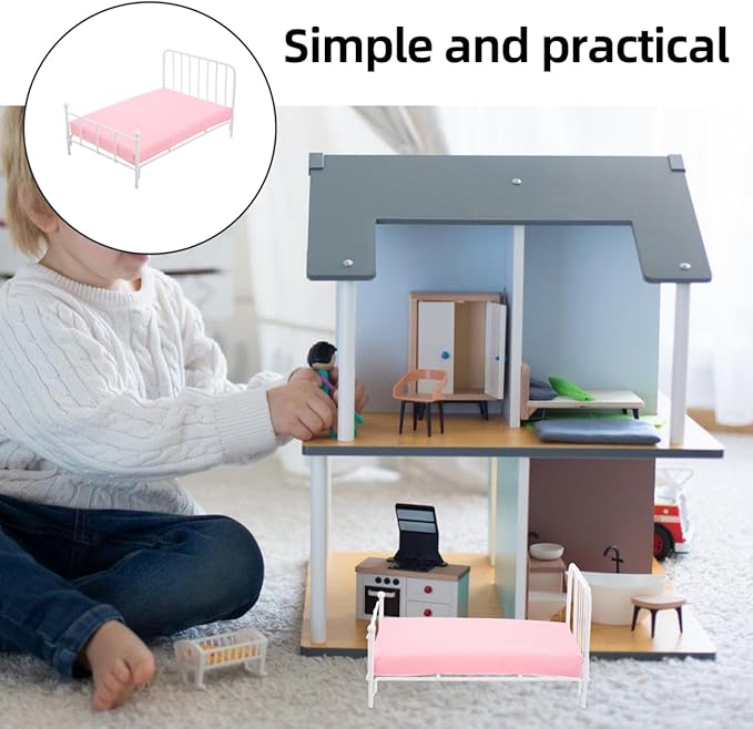 Totority Miniature Dollhouse Bed with Mattress 1/12 Scale Vintage Frame Small Doll Bed Furniture for Bedroom Decor Creative Play Accessories