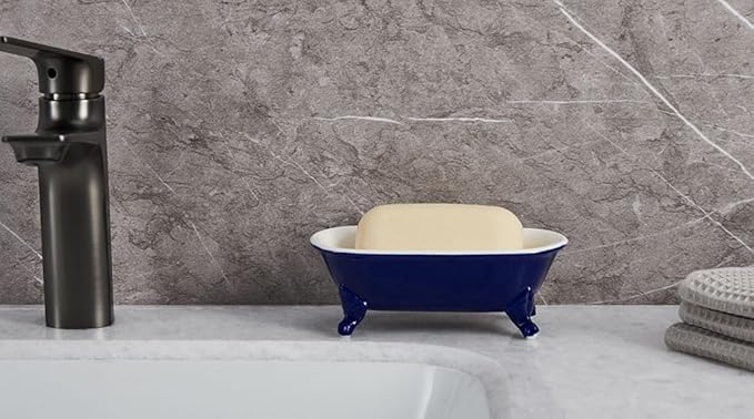NEWHENGS 6.5" Ceramic Mini Decorative Clawfoot Bathtub Bar Soap Dish, Kitchen Sponge Holder and Shower Tray for Bathroom, 1 Pack(Navy Blue)
