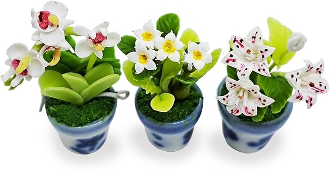 WitnyStore Tiny 1½" High 3 Pieces Set Lily Orchid Plumeria Hand Made Artificial Flowers Realistic Colorful Miniature Modelling Clay Flower Pots Brilliant Variety of House Plant Species Home Decoration