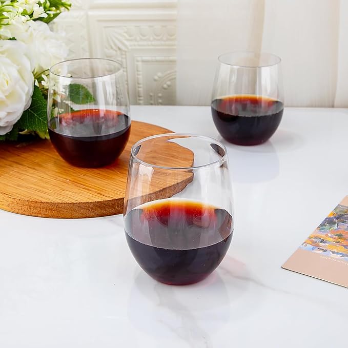 Ciaell 24 Pack Clear Plastic Wine Glasses - 12 Oz Plastic Stemless Glasses - Disposable Wine Cups for Parties & Weddings & Birthdays