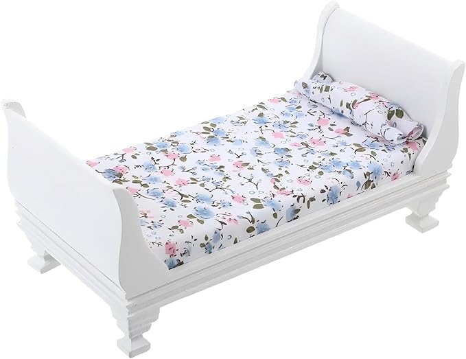 1/12 Dollhouse Bed Miniature Single Bed Vintage Woode Mini Bed for for 6 inch Dolls Dollhouse Bedroom Furniture with Bedding Fabric (White)