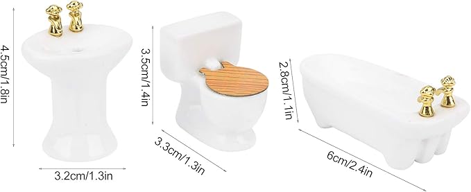 Dollhouse Miniature Bathroom Set, Miniature Furniture Toys Ceramic 1/24 Scale, Porcelain Bathtub, Toilet, Sink, White
