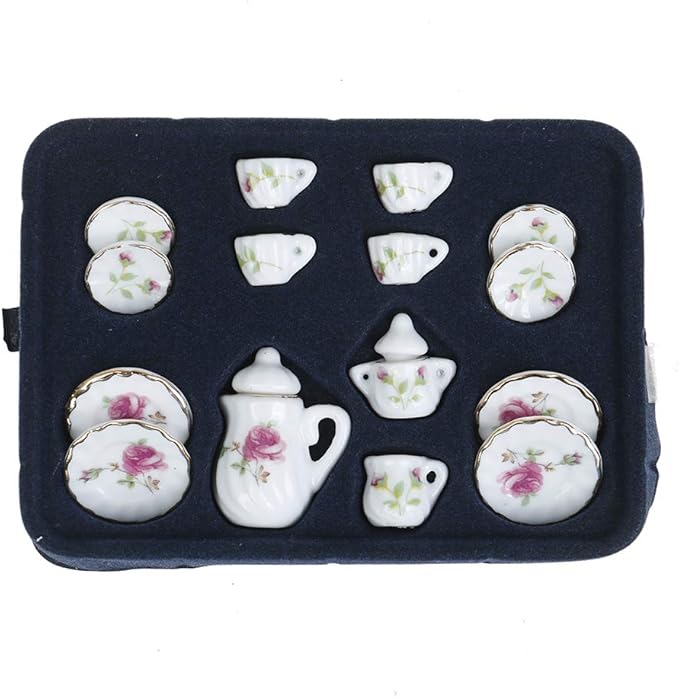 15 Pcs 1:12 Dollhouse Dining Ware Miniature Dish Cup Plate Pink Rose Chintz with Golden Trim Tableware Porcelain Ceramic Coffee Tea Cups Set,Dollhouse Decoration Kitchen Accessories