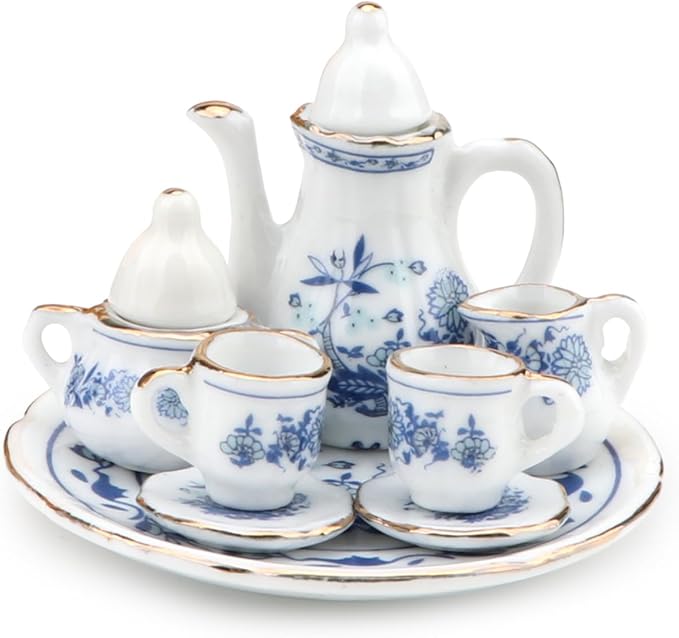 Dollhouse 1:6 Porcelain Tea Cup Sets 8 Pcs Set Miniature Ceramics Dollhouse Accessories Flower Pattern Teapot Platter Dish Sets Dollhouse Kitchen Supplies Decoration (Blue)