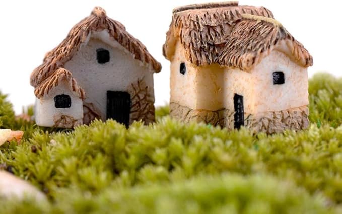 Haohaiblooms 4 Pcs Miniature Fairy Garden Stone House Set - Resin Moss Cottage for Home & Outdoor Decor, Micro Village Thatched Huts, Bonsai Terrarium Crafts, Desk Ornaments for DIY Landscape
