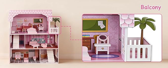 3 Story Dollhouse for Girls with Furniture, Pink Wooden Doll House Playset for Kids Ages 3-8, Multi-Room Modern Doll Cottage with Movable Accessories, Storage & Easy Assembly for Imaginative Role Play