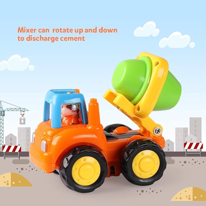 Coogam 4 Pack Friction Powered Cars Construction Vehicles Toy Set Cartoon Push and Go Car Tractor, Bulldozer, Cement Mixer Truck, Dumper for Year Old Boy Girl Kid Gift