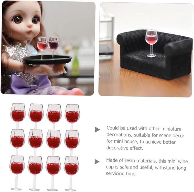 Kisangel Artificial Mini Wine Cups 12 Pcs Miniature Wine Glasses Resin Material for Dollhouse Decor
