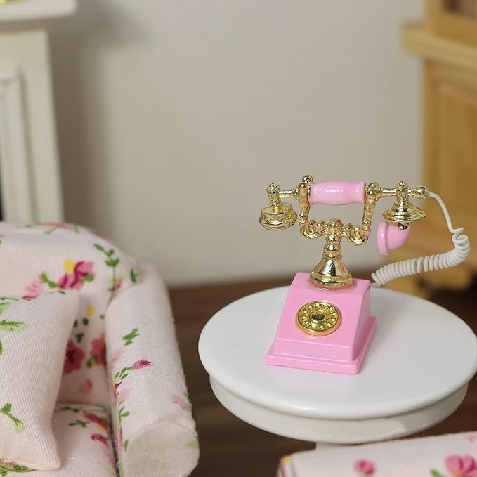 Dollhouse Telephone 1:12 Miniature Vintage Rotary Phone Model Desk Decoration Retro Mini Accessorries for Artificial House Living Room Scene (Pink)