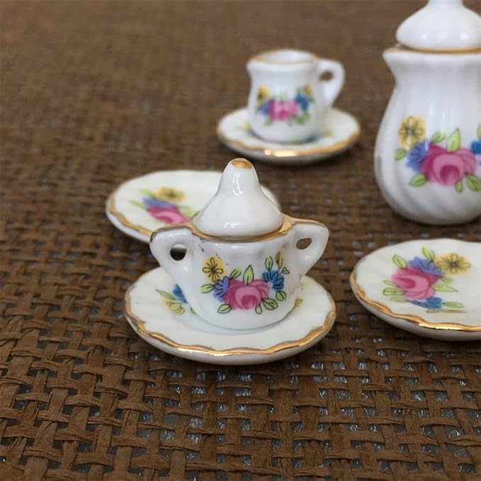 Dollhouse Decoration Accessories, 1:12 Dollhouse Miniature 15 Pcs Porcelain Tea Sets Mini Food Toy Model (H)