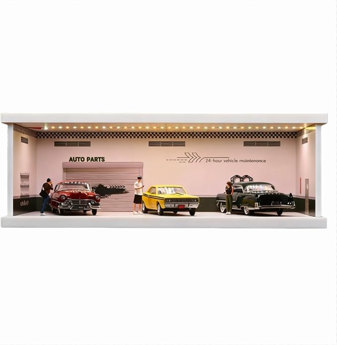 1/43 Diorama Display Case with Tri-Colour Dimmable Lighting, Fits for Hot Wheel Matchbox Mini GT Diecast Cars Model,1:43 Car Garage Parking Lot Scene Display Storage (Repair Shop)