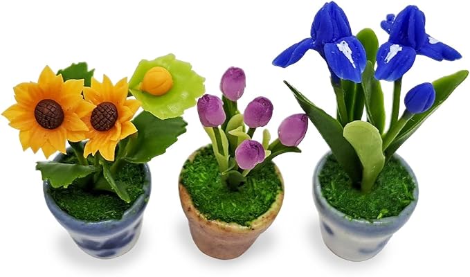 WitnyStore Tiny 1½" High 3 Pieces Set Sunflower Tulip Iris - Hand Made Artificial Flowers Colorful Miniature Realistic Modelling Clay Flower Plants in Pots Blooming House Plant Home Indoor Decoration