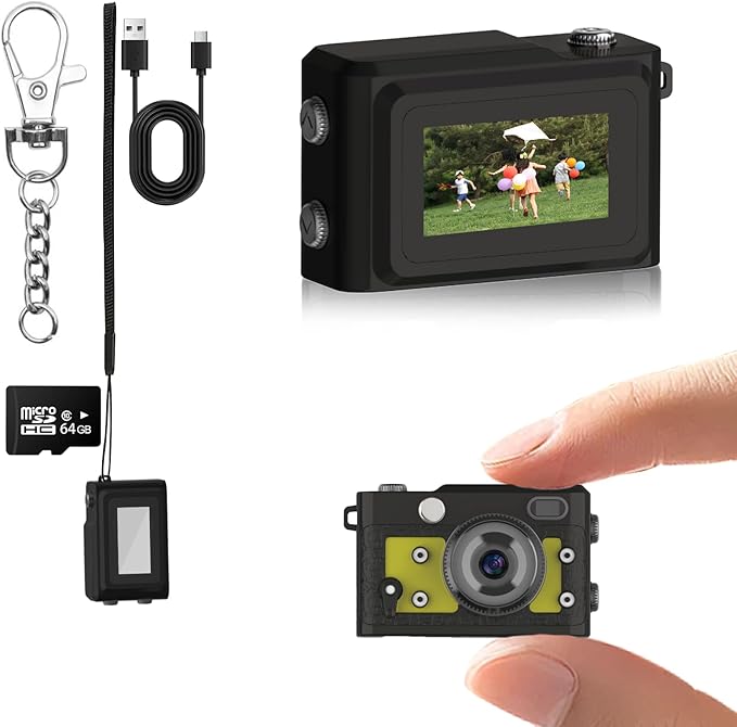 Mini Keychain Camera 64GB, 1080P Mini Retro Photo Video Camera, 120 Minute Battery Life Portable Tiny Digital Cam, Micro Video Camcorder for Travel Students Children, Yellow