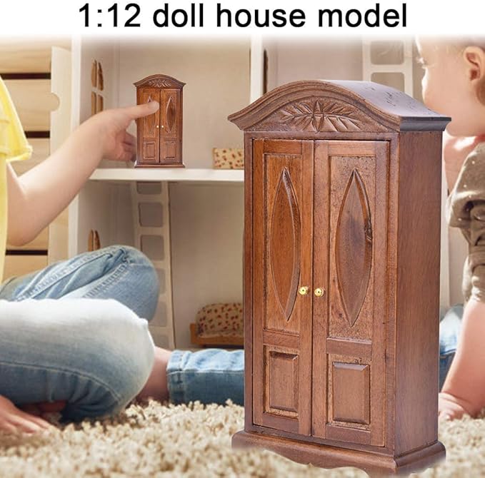 Dollhouse Wardrobe,1:12 Simulation Miniature Bedroom Furniture Wooden Vintage Cabinet for Fairy Gardens Doll House Decoration Accessories (Brown)