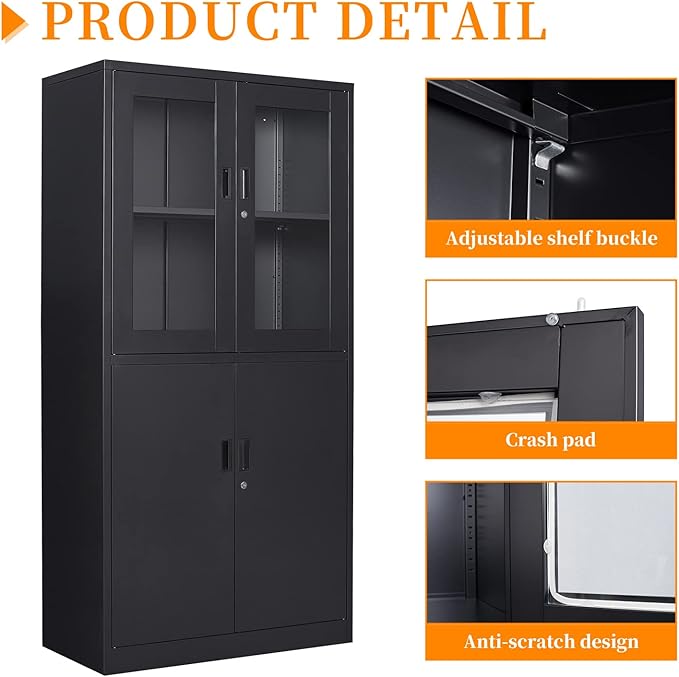 Black Metal Storage Cabinet with Glass Doors, 71" Locking Glass Door Cabinet with 2 Adjustable Shelves, Steel Storage Cabinet with 4 Doors for Home, Living Room, Bathroom