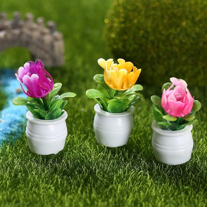 LALADEFIEE Miniature Flower Pots 5Pcs Dollhouse Accessories Tiny Potted Plant Models Realistic Resin Bonsai Decorations for Dollhouse Tabletop Micro Landscape