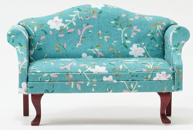 Dollhouse Miniature Sofa, Mahogany with Turquoise Floral Fabric