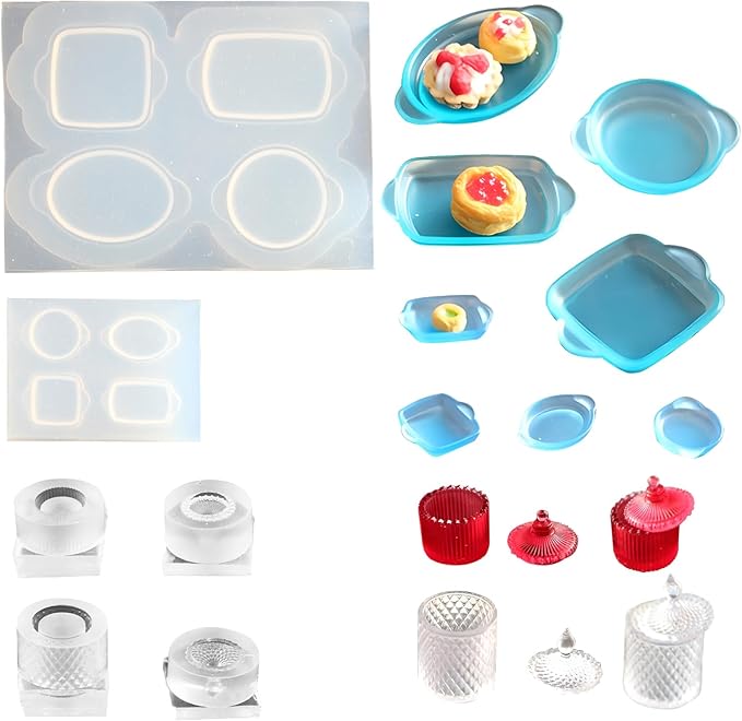4Pcs Mini Plate and Mini Jar Resin Silicone Molds Set 3D Tiny Cute Plate Jar Epoxy Casting Molds DIY Micro Resin Dollhouse Kitchen Miniatures Landscape Decor