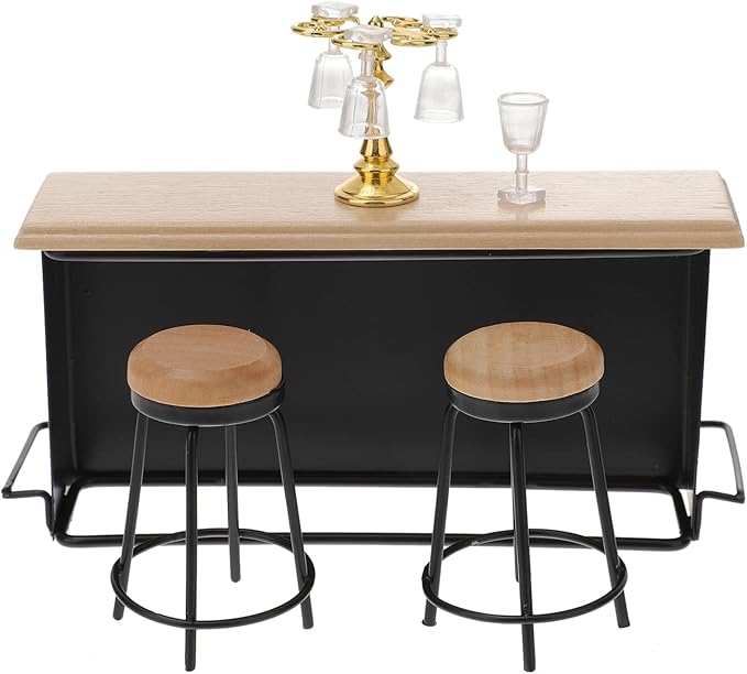 Wooden Mini House Bar Furniture: Miniature Bar Counter Chair Miniature Pub Wine Bottle Photography Layout Props Desktop Decor for Mini House DIY Pubs 8pcs
