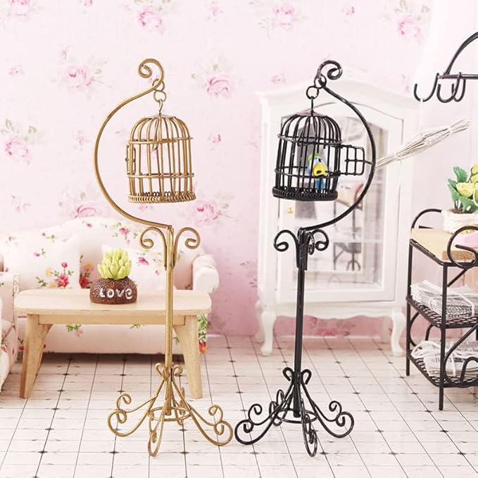 Dollhouse Birdcage 1:12 Scale Accessories Miniature Bird Cage Floor Stand Openable Cage Alloy Birdcage Model Mini House Decoration Ornament (Black)