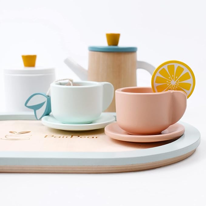 PairPear Wooden Tea Set for Little Girls, Wooden Toys Toddler Tea Set Play Kitchen Accessories for Kids Tea Party with Play Food