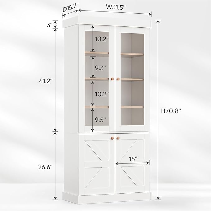 71" Tall Farmhouse Kitchen Pantry, Rustic Large Storage Cabinet with Glass Doors, Adjustable Shelves, Wood Versatile Hutch Cabinet for Dining Room, Living Room, White 2 Pcs
