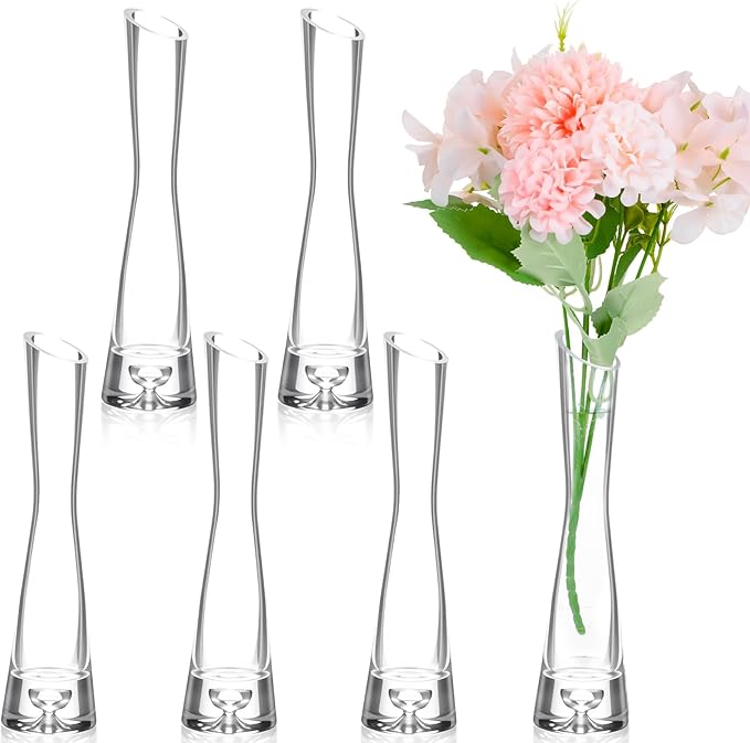 6 Pcs Glass Bud Vases for Centerpieces Maria Modern Clear Small Skinny Decorative Single Flower Bud Vase for Wedding Party Event Home Office Decoration(7.87 Inch,Transparent Color)