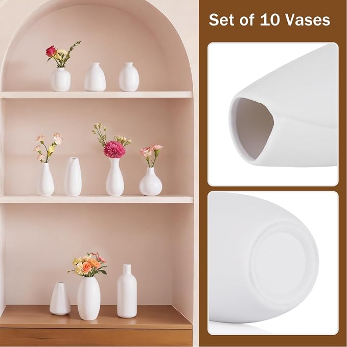 Paintable Vase Set of 10 White Small Bud Vases for Flowers, Clay Vase Bulk for Wedding Decorations Pampas Grass Centerpieces, Boho Mini Ceramic Vases for DIY Painting Home Dining Table Decor