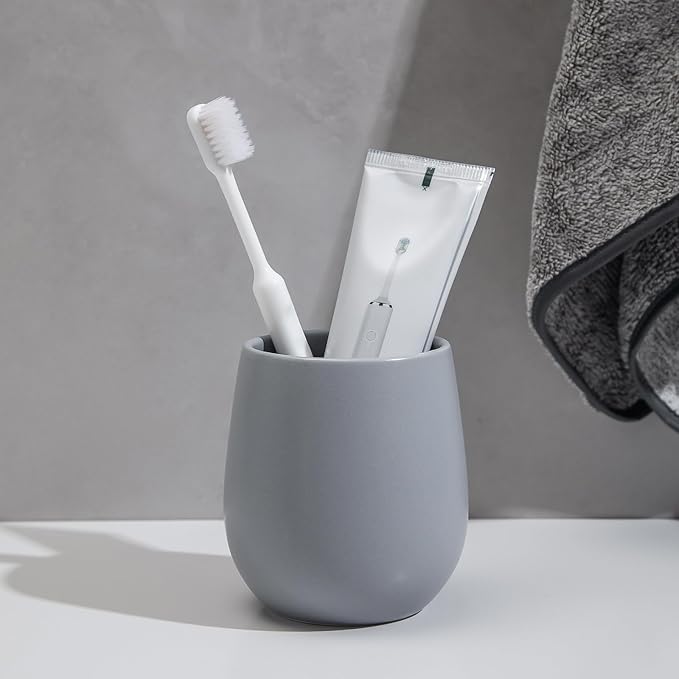 Grey Ceramic Toothbrush Holder - 11Oz Small Bathroom Tooth Brushing Holders, Reusable Mouthwash Cup, Toothpaste Holder, Makeup Brush Holder, Pen Holder for Bathroom Countertop, 1PC