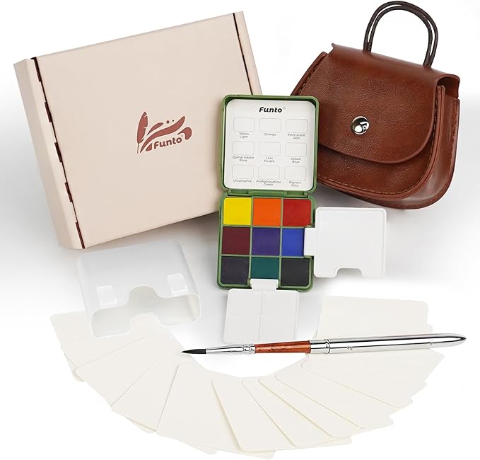Funto Mini Watercolor Set Travel Kit with 9 Colors, Leather Bag & Watercolor Paper, Portable Drawing & Painting Supplies for Beginners, Art Gift Set