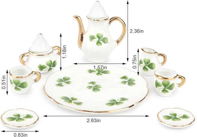 Dollhouse 1:6 Porcelain Tea Cup Sets 8 Pcs Set Miniature Ceramics Dollhouse Accessories Flower Pattern Teapot Platter Dish Sets Dollhouse Kitchen Supplies Decoration (Lucky Clover)