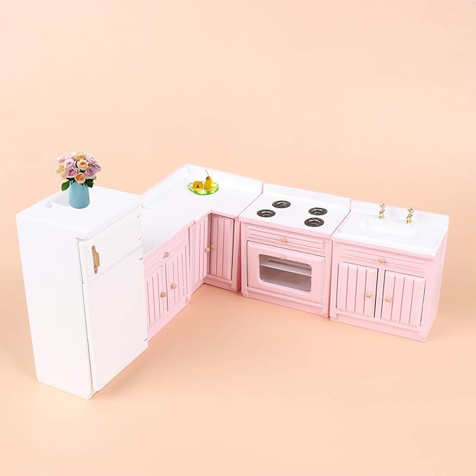 Haomian Dollhouse Kitchen Furniture Kit 1:12 Dollhouse Miniature Wooden Kitchen Cabinet Fridge Set Dining Room Furniture for 1:12 Doll House Miniatures Scenes Accessories