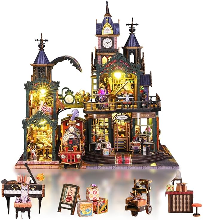 DIY Miniature Dollhouse Kit, Tiny House Kits with Furnitures, Mini House Making Kit to Build for Adults, Hobby Craft Gift for Christmas Day, Train Station