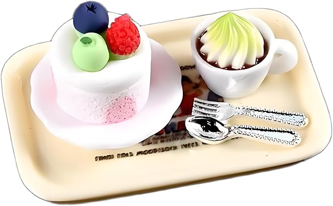 6Pcs Happy Afternoon Tea Miniature Set – Dollhouse Kitchen Accessories, Includes Tray, Coffee Milkshake, Cake,Plate,Spoon, Perfect for Pretend Play, Miniature Food Set for Dollhouses and Play Kitchens