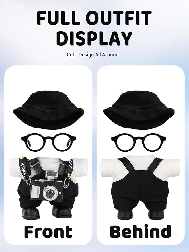 17cm Doll Clothes – 6-Piece Set, Hat + Overalls + Shirt + Camera + Glasses + Shoes, Cute and Premium Dolls Outfit Accessories (Black)