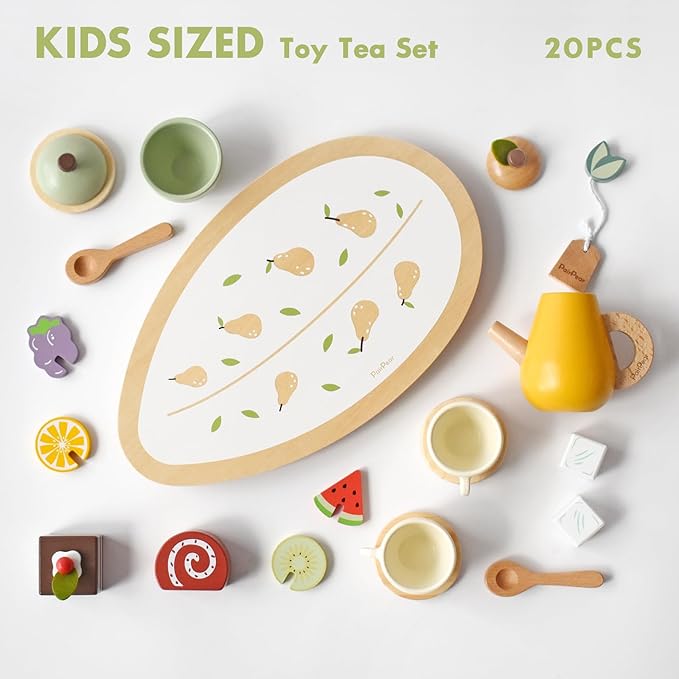 PairPear Wooden Tea Party Set for Little Girls, Kids Tea Sets for Toddler 3-5, 20pcs Pretend Play Fruit Tea Playset Kitchen Accessories Wooden Toys Food for Christmas Birthday