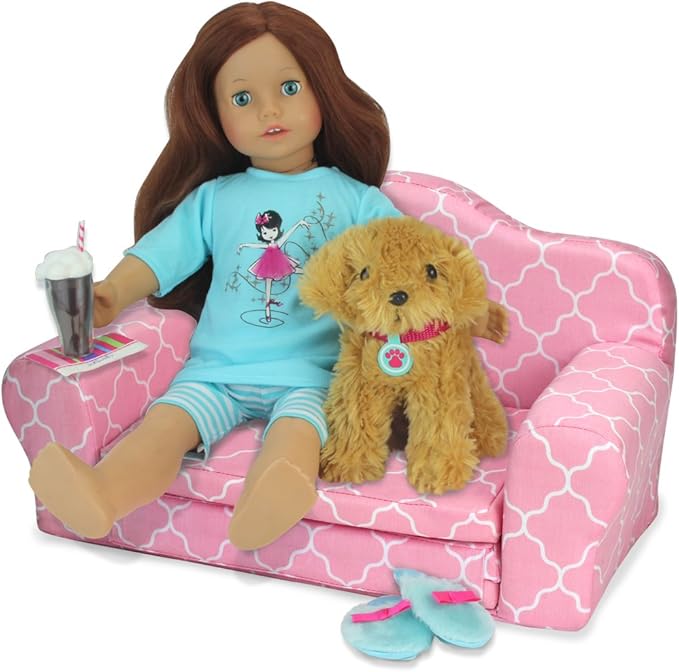 Sophia's 2-in-1 Plush Lightweight Moroccan Print Pull-Out Sofa Couch Converts to a Bed, Fits Two 18 Inch Dolls, Light Pink