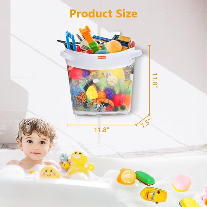 HooBribeau Bath Toy Organizer – Large Capacity Mesh Storage with Wide Opening, Quick Release Bottom Zipper, Wall-Mounted & Foldable, Quick Dry Baby Bathtub Toy Holder, Multi-Use Bathroom Organizer