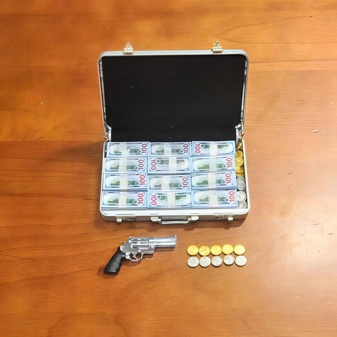 1:6 Scale Miniature Briefcase Set - Includes Fake Gold Bars, Bundles of $100 Mini Dollar Bills, Vintage Coins and Mini Weapons - Unique Adult NoveltyToy & Dollhouse Accessories (Silvery)
