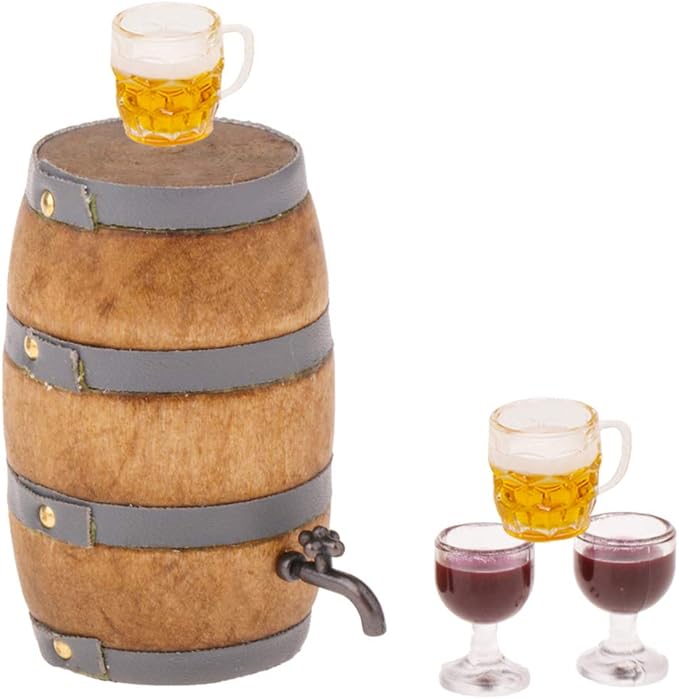 Mini House Drink Accessories Miniature Wooden Beer Barrel Figurine Wine Barrel Model with Faucet and Wine Glass for Fairy Garden Pub Bar Decoration