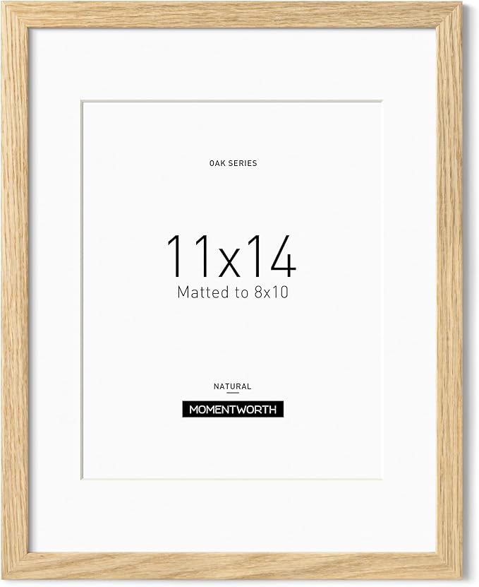 Momentworth 11x14 Picture Frame with Mat for 8x10, Solid Oak Wood 11x14 Frame with Tempered Glass for Wall Mount(Single,Oak)