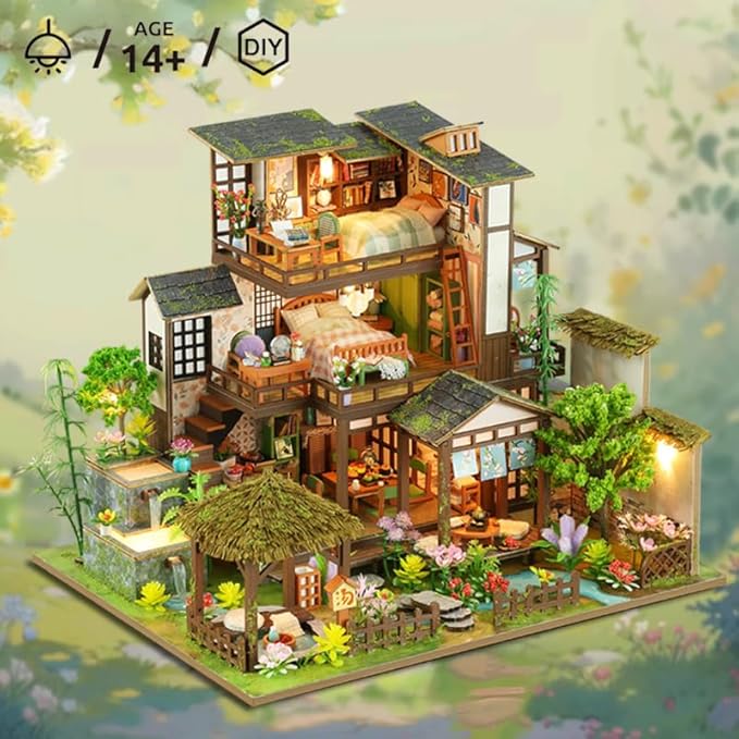 DIY Miniature Dollhouse Kit, Mini House Making Kit with Light, Tiny House Kit to Build for Adults, Hobby Craft Gift for Father's Day, Bamboo Brook Cottage