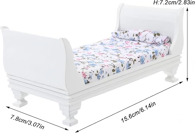 1/12 Dollhouse Bed Miniature Single Bed Vintage Woode Mini Bed for for 6 inch Dolls Dollhouse Bedroom Furniture with Bedding Fabric (White)