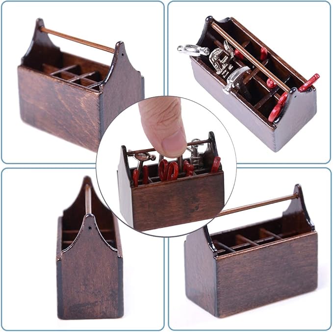 Doll House Toolbox,Eecoo Miniature Tool Box Wooden Toolbox Model for 1/12 Doll House Accessories with 8PCS Metal Tools Set