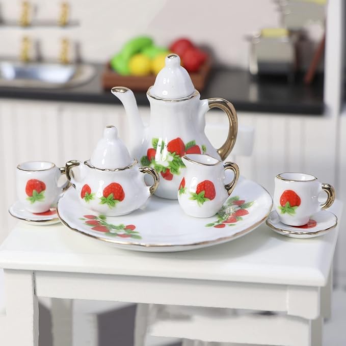 Cutemini 1:6 Scale Miniature Porcelain Dollhouse Tea Set 8PCS Flower Pattern Teapot Platter Dish Sets Dollhouse Kitchen Supplies Decoration (Strawberry)