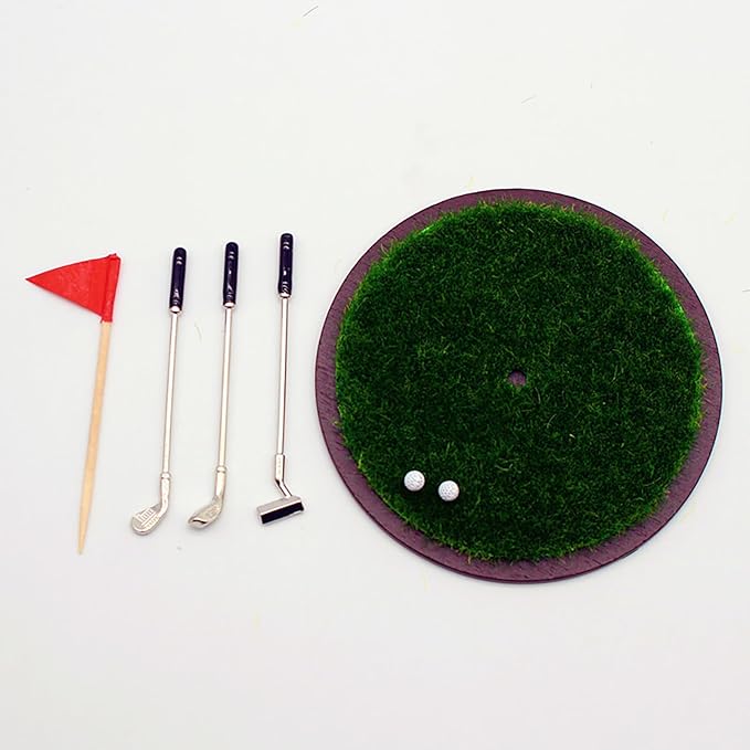 Gxsterd Dollhouse Miniature Golf Set with 3 Golf Clubs, 2 Golfs Balls, Flag and Grass for 1:6 or 1:12 Dollhouse Decorations