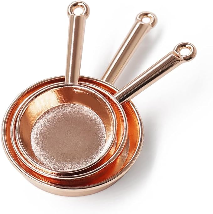 Odoria Dollhouse Frying Pan Miniature: 1/12 Scale Skillet Cookware for Kitchen Restaurant - Mini Kitchenware Cooking Utensils Metal Copper 3Pcs